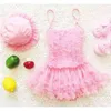 Retail Princess Lace Baby Girl Swimwear .Little Tulle Bodysuit+ Cap For Kids 1-4,Pink Purple Toddler Swimming Suit 210529