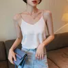 Spaghetti Strap V Neck Tank Tops Women Sleeveless Satin Silky Camisole metal chain all neon store clothes 210507