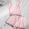 Summer pajamas suit lace-up bow-knot halter top with thin straight shorts two-piece sets contrast color ruffles female 210420