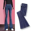 Vintage bleu maigre solide maman Flare Jean Streetwear Patchwork mince cloche bas Denim vadrouille pantalon Femlae 210629