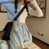 Seksi Kadınlar Kırpma Tshirt Uzun Kollu Örme T Gömlek Tek Göğüslü Chic Kore Bahar Hit Renk Dış Giyim Tops 210601