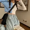 Seksowne kobiety Crop Tshirt Z Długim Rękawem Dzianiny T Shirt Single Breasted Chic Koreański Wiosna Hit Kolor Outwear Topy 210601