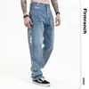 FirmRanch Homens / Mulheres Retro Lavagem Jóias Luz Bordada Blue Jeans Casual Perna Reta Denim Solto Long Calças