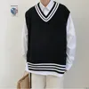 Men's Vests Men Sweater Striped Sleeveless V-neck Knitted Shrug Preppy Style Chic Leisure Loose Male Clothing Harajuku