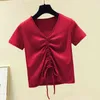 Wwenn Cotton Lace Up V-hals Basic Fold T-shirt Zomer Korte Mouw Sexy T-shirt Crop Tops Tee Shirt Femme Dameskleding 210507