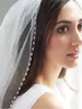 White/ Lvory 1 Tier Fingertip Wedding Veils Crystal Pearls Cut Edge Bridal Veil with Comb Bridal Accessories X0726