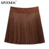 KPYTOMOA Women Chic Fashion Pleated Faux Leather Mini Skirt Vintage With Metal Snap Buttons Female Skirts Mujer 210629