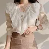 Korean Chic Blouse Spring Vintage V-neck Double-layered Lace Shirt Women Stitched Loose Long-sleeved Top 13721 210508