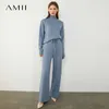 AMII Minimalism Autumn Winter Women Fashion Solid Turtleneck Sweater Tops Causal Elastic Waist Loose Female Pants 12040358 Y0625