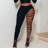 OMSJ EST Seksi Yüksek Bel Yırtık Leggings Kadınlar Siyah Ince Delik Pantolon Altın Zincir Kalem Pantolon Rahat Moda Giyim 210517