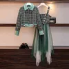 Fashion Green Patchwork Mesh Dress Autumn Winter Women Tweed Short Jacket and Spaghetti Strap Plaid Tulle Dresses 210416