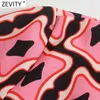 Zevity المرأة خمر التباين اللون هندسية طباعة الجانب انقسام قميص اللباس فام طويلة الأكمام عارضة مستقيم رداء vestido DS8374 210603