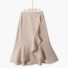 Vår sommar Midi Plaid kjol Kvinnor Koreansk stil Blå Ruffles Hög midja estetisk knä längd Kvinna 210421