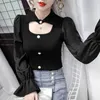 Retro Button Chiffon Flare Sleeve Patchwork Sweaters Women Long Hollow Out Turn Down Collar Knitted Pullover Tops 210423