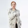 Ethel Anderson Real Farm Rabbit Fur Coat Women Striped Jacket Luxury Parkas Wedding 68cm Fur Jacket Female Winter 210928