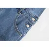 [DEAT] Kvinnor Square Collar Ärmlös Sling Split Gaffel Solid Färg Lös Denim Klänning Mode Sommar 13d171 210527