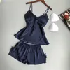 Cotton Two Piece Set Women Sleepwear Silk Pajamas Sexy Chest Pad Nightwear Women Summer Lace Homewear Women Lingerie 210419