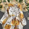 Women Autumn Print Maxi Dress French Puff Sleeve Single Breasted A-line Dress Fashion Chic Romantic Holiday Long Robe 210419