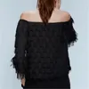 Elegante Vrouwen Slash Neck Shirts Mode Dames Solid Black Plaid Tops Streetwear Vrouwelijke Chic Tassels Blouses 210430