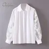 夏の女性白いブラウス長袖カジュアルルースレース刺繍シャツ210415