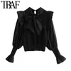 TRAF Donna Sweet Fashion Patchwork Ruffle Trim Camicette lavorate a maglia Vintage Bow Tied Camicie donna manica lunga Chic Top 210415