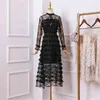 Autumn Black Lace Dress Woman Long-sleeve Cascading Ruffle O-neck Casual Elegant Party Female Design 210603