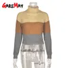 Chaki Crop Sweater Turtleneck Feminino Algodão Malha Listrada Suéteres Longa Outono Inverno Mulheres Quentes e Pullovers 210428