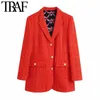 TRAF Women Fashion With Print Lining Fitted Tweed Blazer Coat Vintage Long Sleeve Pockets Female Outerwear Chic Veste 210930