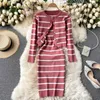 Kobiety Jesień Zimowy Stripe Dzianiny Zestaw Z Długim Rękawem Przycisk Cardigan + Sexy Bez Rękawów Slim Strap Sukienka Dwa kawałki Zestaw 210602