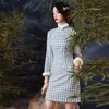 Abbigliamento etnico Stile cinese tradizionale colletto alla coreana Abiti da sera Qipao Cheongsam a maniche lunghe con stampa scozzese retrò