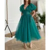 Prom Teal Vintage Dree with Pocket Short Sleeve Deep V Neck Cutom Made A Line Tea Length Plu Size Evening Party Gown Formal Ocn Wear Vetido