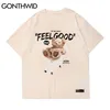 Gonthwid Kısa Kollu Tees Harajuku Streetwear Oyuncak Ayı Alışveriş Sepeti Baskı T-Shirt Pamuk Rahat Hip Hop Gevşek Tişörtleri Tops 210716