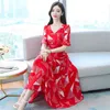 Été le tempérament impression robe en mousseline de soie col en V mode femme rouge vêtements pour femmes 210507