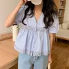 コレヒパアの女性のシャツ夏の韓国のシックな女の子全てのマッチミルクソフトVネック中空かぎ針編みタッセルステッチパフスリーブブラウス210526