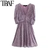 TRAF Femmes Chic Mode Floral Imprimer Mini Robe Plissée Vintage Épaulettes Avec Doublure Robes Féminines Robes Mujer 210415