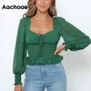 Vintage Floral Impressão Ruffles Colhida Blusa Mulheres Laço Laço Quadrado Coleira Túnica Camisa Feminina Lanterna Manga Longa Tops 210413