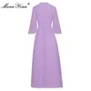 Créateur de mode été élégant violet robe plissée femmes noeud papillon manches évasées ceintures en mousseline de soie Midi Vestidos 210524