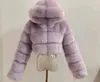 Furry Cropped Faux Fur Coats Kurtka Puszysty Top Coat Z Kapturem Zima Futra Kurtka 211110