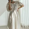 Sweet Chic Summer Women Dress Solid Cotton Bubble Sleeve Sqaure Neck Dress French Women Fashion Party Dress Vestidos 13959 210528