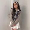 Vintage Argyle Plaid Y2K gebreide trui winter vrouwen mode herfst casual lange mouw v-hals jumper vrouwelijke trui top 210415