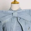 VGH Casual Patchwork Bowknot Denim Shirt For Women Bow Collar Long Sleeve Slim Blouse Female Fashion New Clothing Autumn 210421