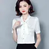 Koreaanse zijde vrouwen blouses shirt satijnen tops vrouw effen boog dame top plus size blusas femininas elegante 210427