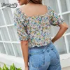 Sweetheart Neck Ruched Top Blouse Women Summer Short Sleeve Fashion Slim Casual Boho Print Crop Sweet Female 210510