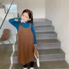 Mädchenkleider Mädchenkleid Mädchen Herbst Winter Mode Blaues Bodenhemd Gestrickter Hosenträger Zweiteiliger Anzug 3-8 Jahre Kinderkleidung