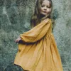 Wiosenna marka Dziewczynka Ubrania Z Długim Rękawem Europejskaamerka Solid Sukienka Suknia Maluch Casual Linen Princess 210521