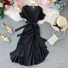 Elegant Kvinnor Söt Bandage Klänning Chic Slim High Waist Koreanska Klänningar Ruffles Ol Summer V Neck Vestidos Solid 210519