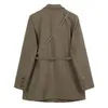 [EAM] Women Brown Pocket Big Size Blazer Lapel Long Sleeve Loose Fit Jacket Fashion Spring Autumn 1DB850 210930