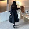 Long Sleeve Dress Women Elegant Gentle Square Collar Sweet Streetwear Design Folds Defined Waist Empire Black Midi Dresses Mujer Y1006