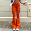 Kadın Kot Yırtık Flared Kadınlar Yüksek Bel Ince Kot Pantolon Nedensel Geniş Bacak Çan Alt Vintage Delik Streetwear Pantolon T6