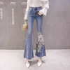 Fashion Spring Autumn Europe Style Women Beading Embroidery Flower Flare Skinny Denim Pants Female Jeans Trousers A3214 210428